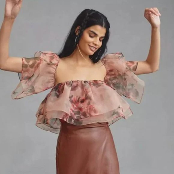 ⭐️ DOLAN Tiered Organza Floral Ruffle Party Classy Chic Romantic Valentine Top - Picture 5 of 5